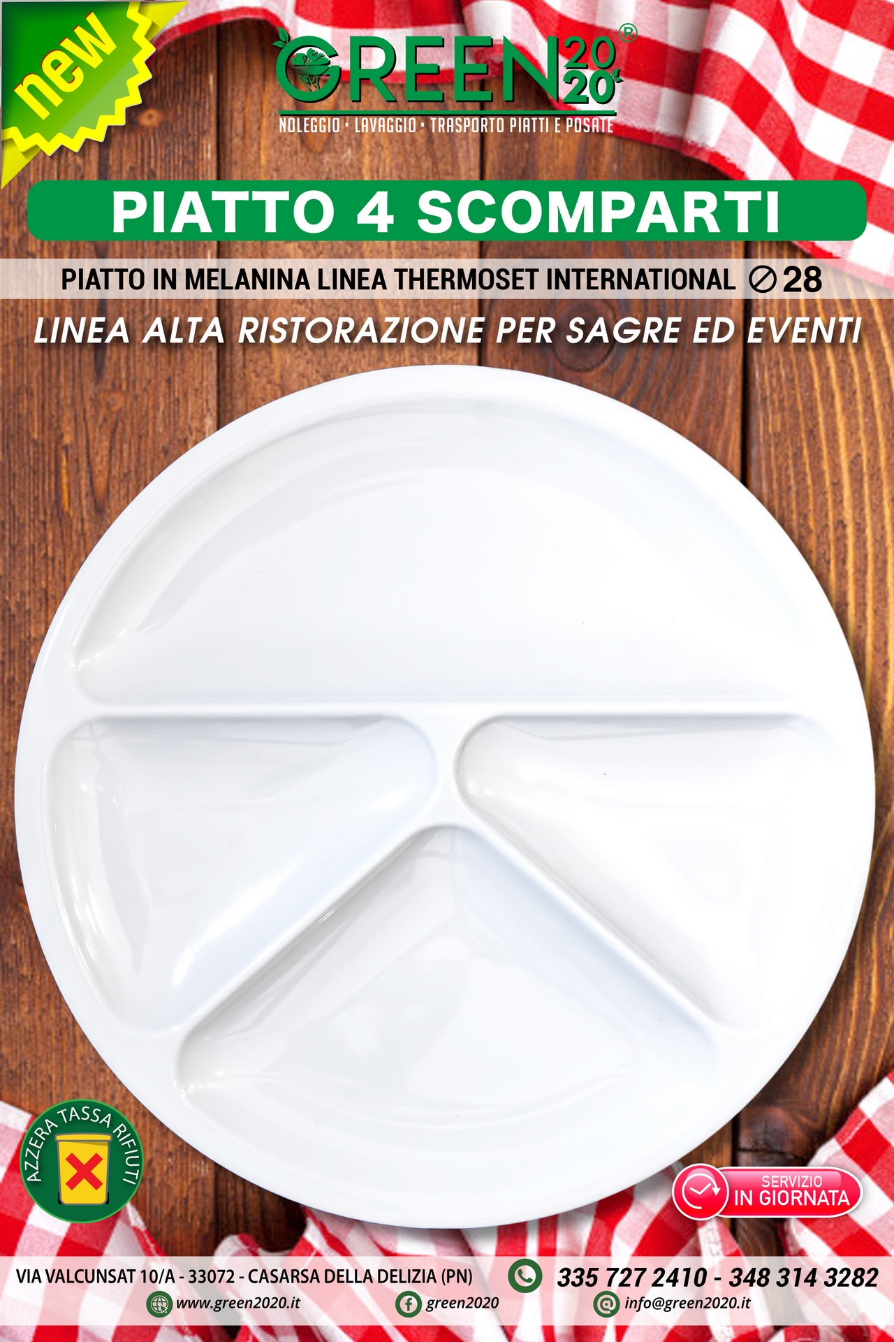 Piatto a 4 scomparti in melamina per noleggio eventi sagre e catering