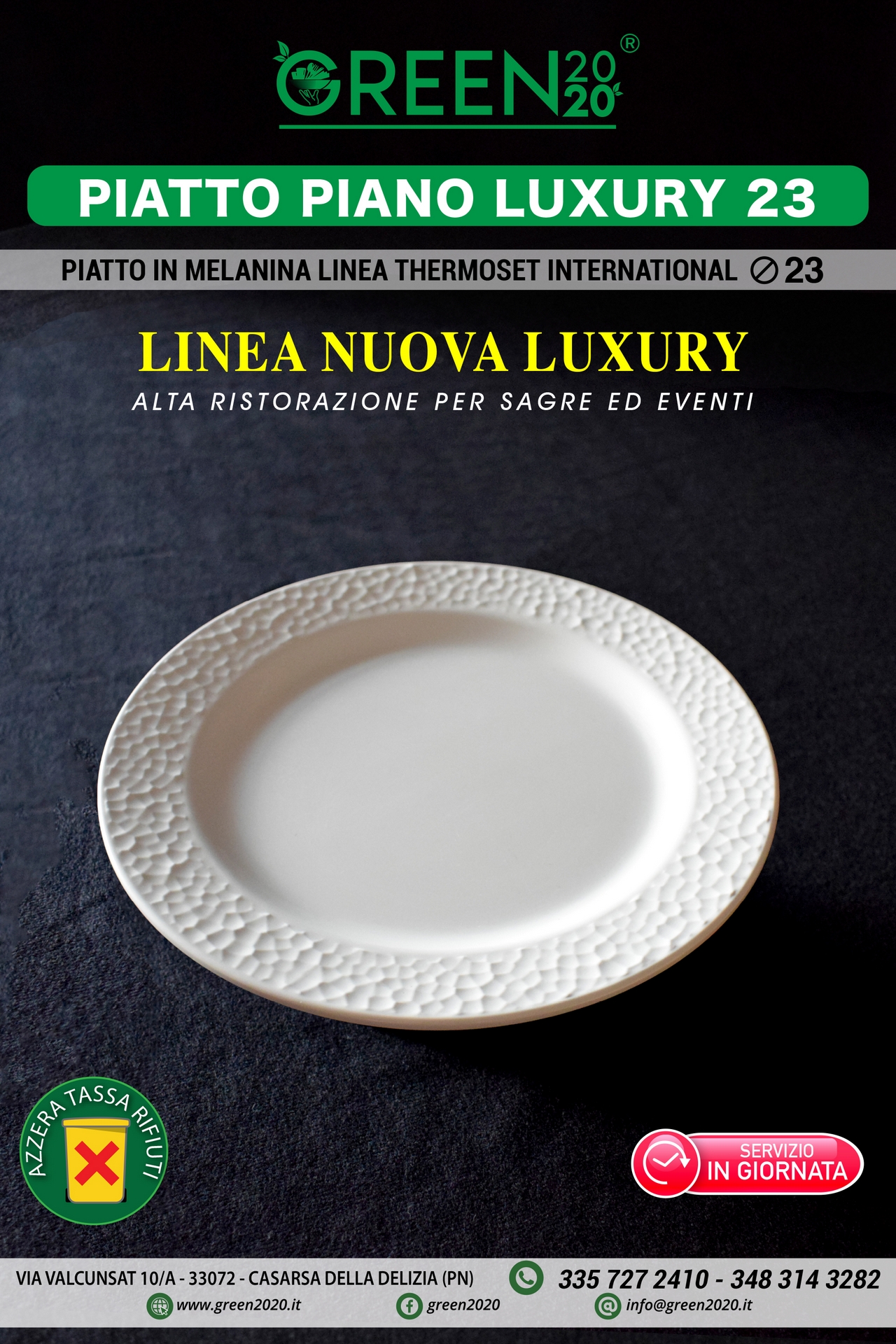 Piatto piano Luxury 23 in melamina per noleggio eventi e catering